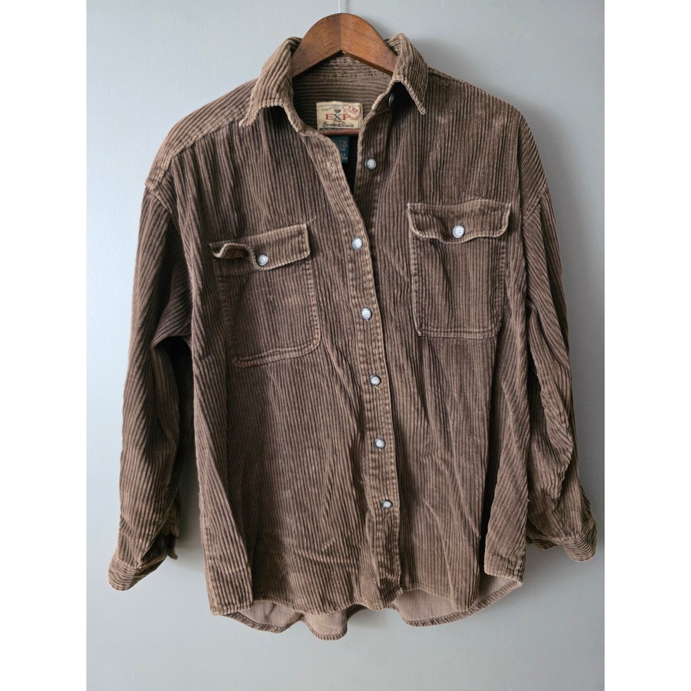 Vintage Express EXP Brown Corduroy Button Down Shirt Oversized Small 100% Cotton